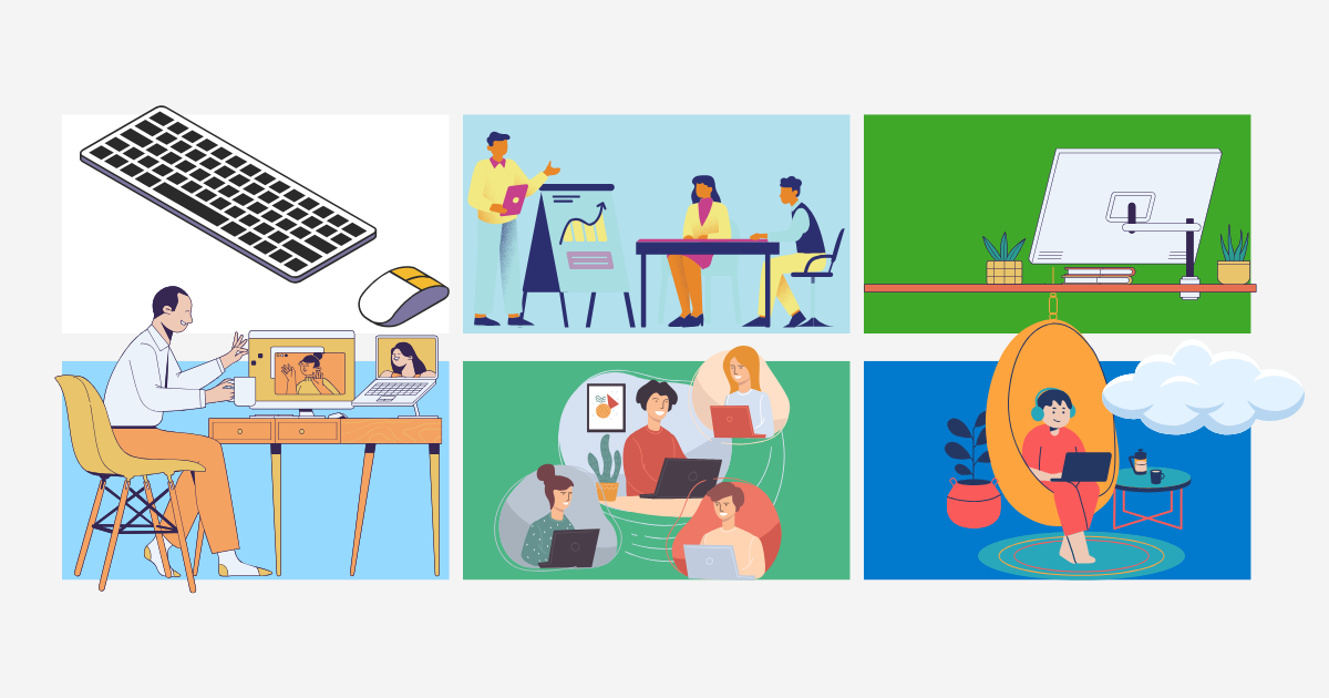 Collage of six stylised illustrations showing work and study environments: team presentations, virtual calls, solo workstations, and remote collaboration.