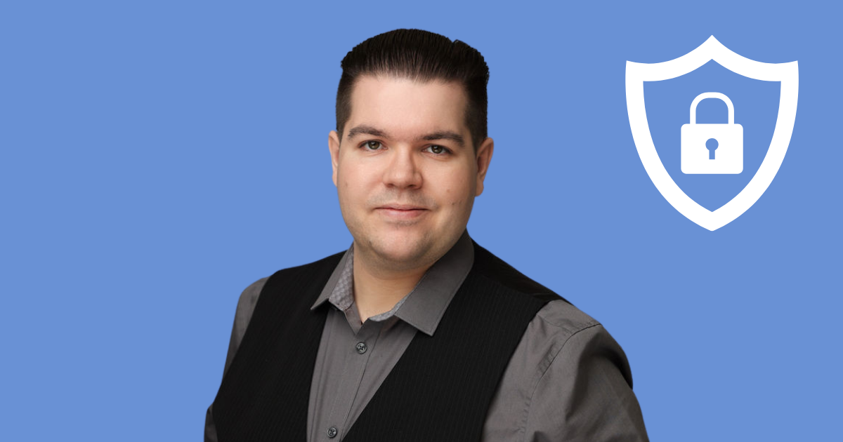 Josh DITL Info Systems and Security Manager Josh with a security icon in the background a shield and padlock symbolising digital safety or trust.