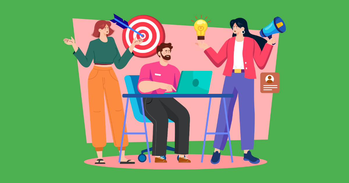 Stylised illustration of three people in a workspace one using a laptop, one aiming darts at a target, and another holding a light bulb and megaphone, symbolising focus, ideas, and communication.