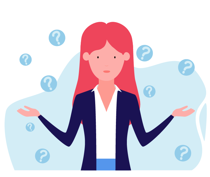 Employee surrounded by question marks