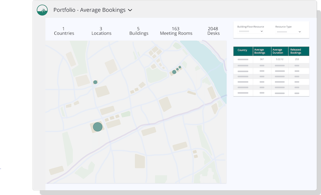 App Analytics GemEx GemEx Analytics dashboard showing Booking Insights for a 1 country company with 3 buildings portfolio