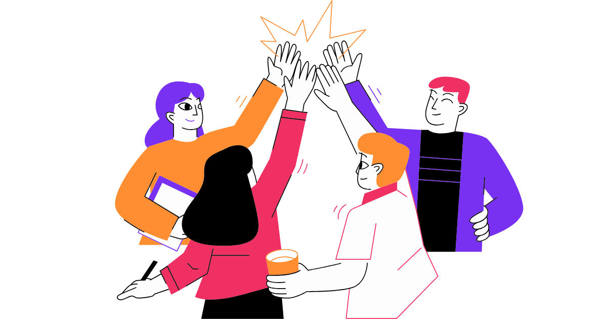 4 people sharing a high five to showcase Employee Experience vs Employee Engagement